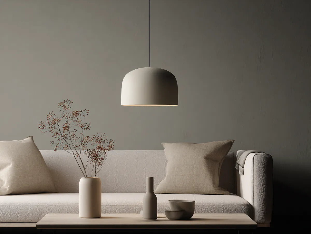 Ett inrett vardagsrum med en modern taklampa som hänger över en bekväm soffa.